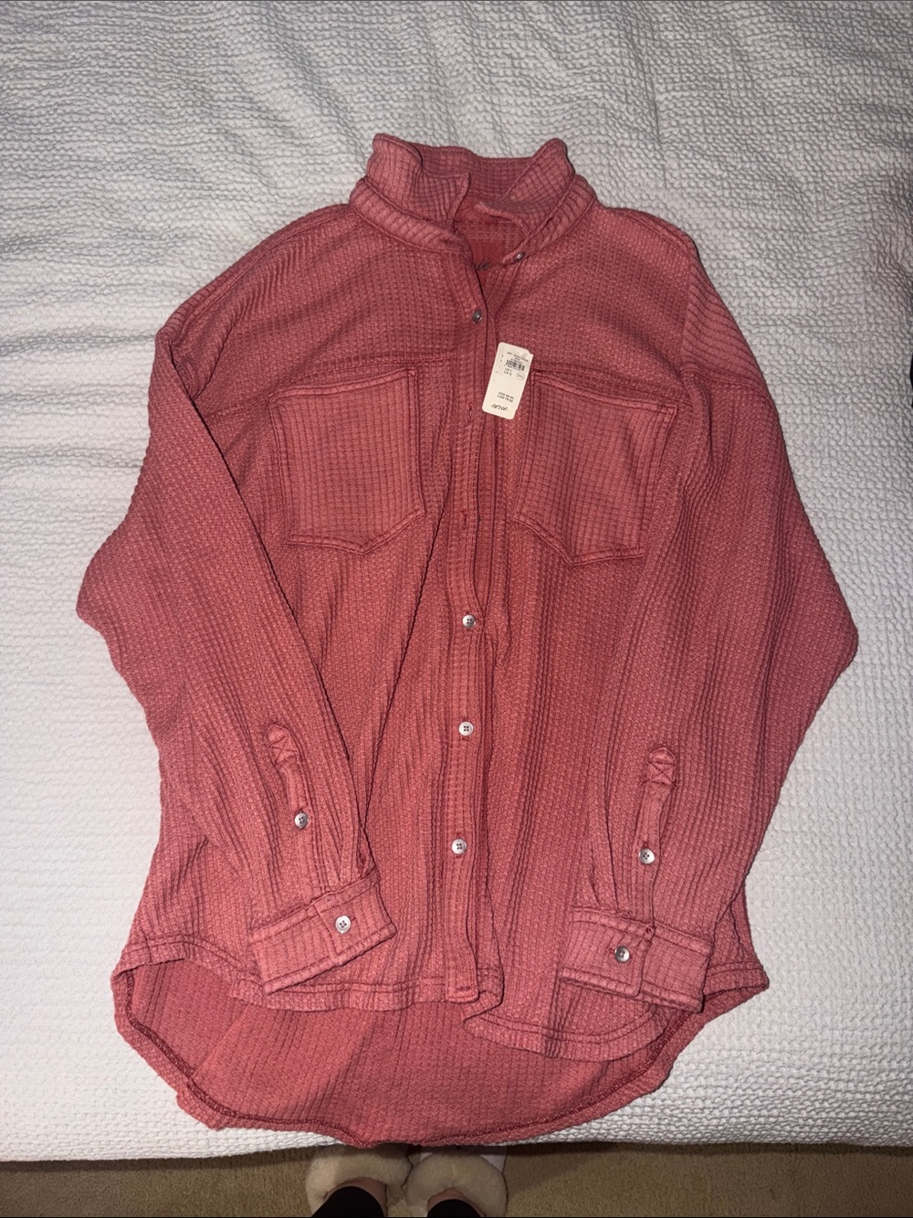 aerie Waffle-Knit Button-Down Shirt in Dusty Rose